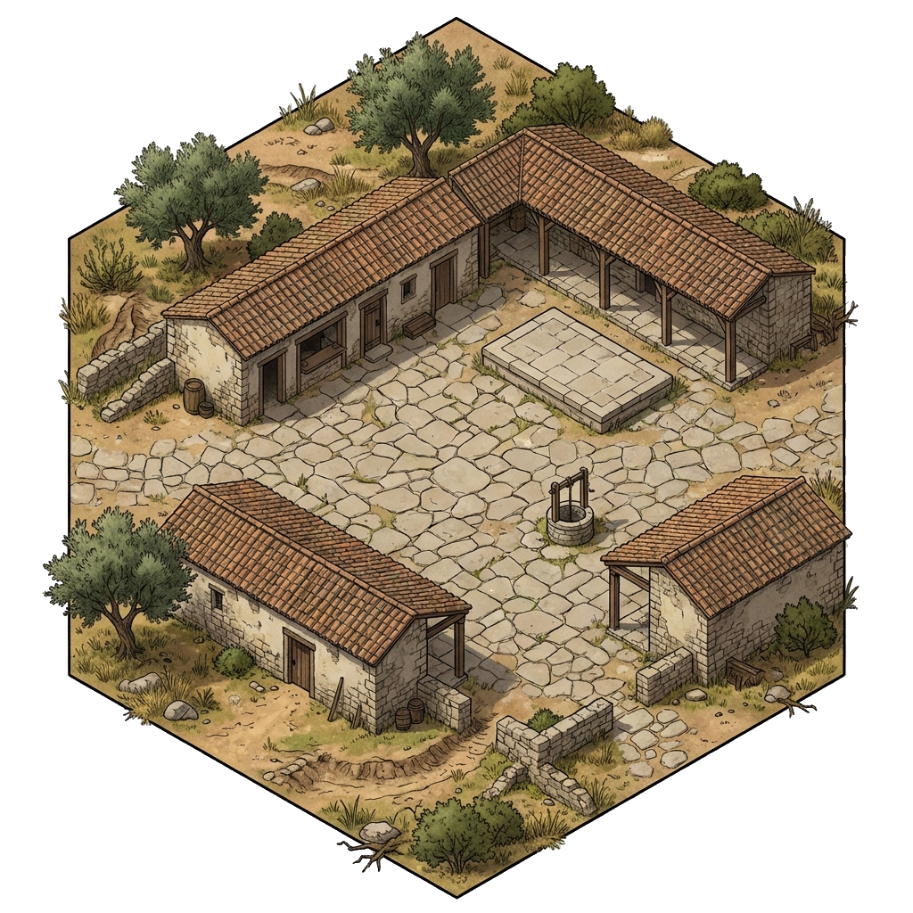 Hex isométrico: praça com estrada romana, telhados de telha e oliveiras