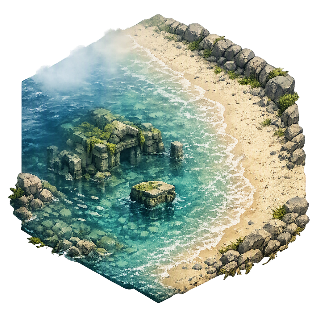 Hex de praias e dunas com templo submerso