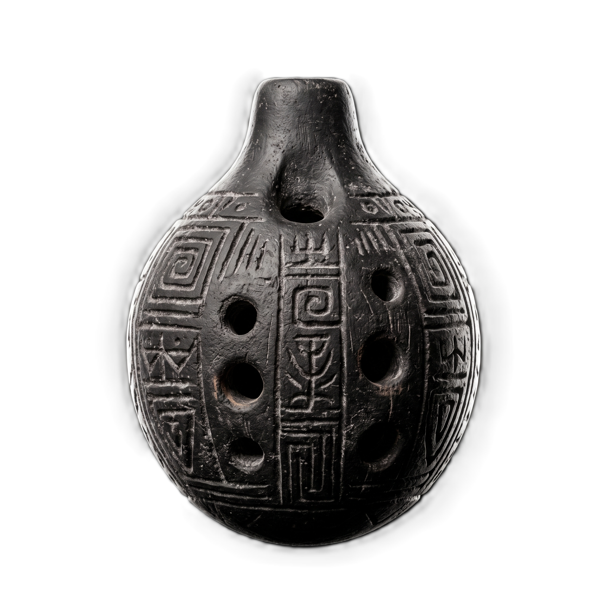 Ocarina de barro negro com gravações geométricas