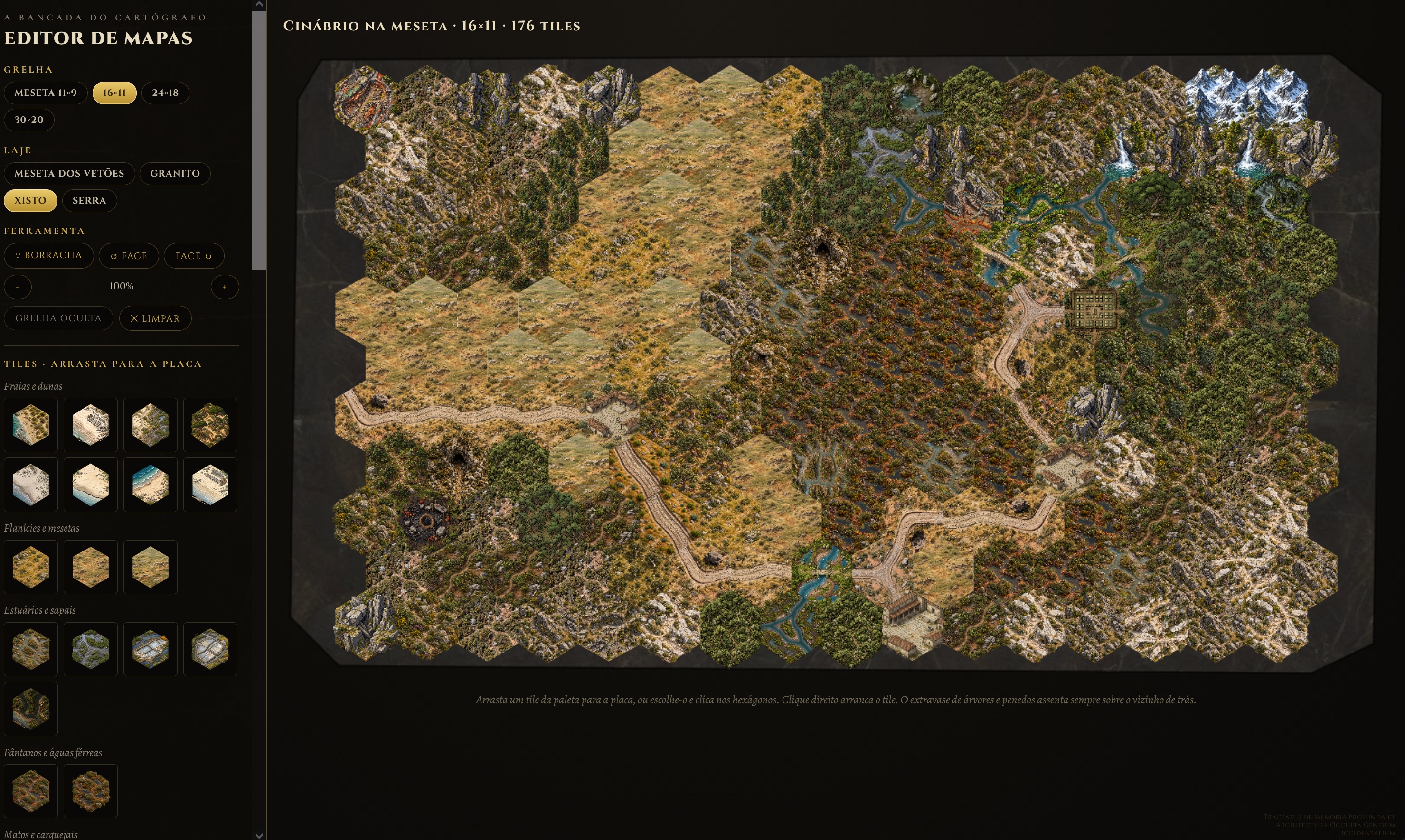 Editor de mapas: bancada do cartógrafo com paleta de tiles e placa de hexes 16×11